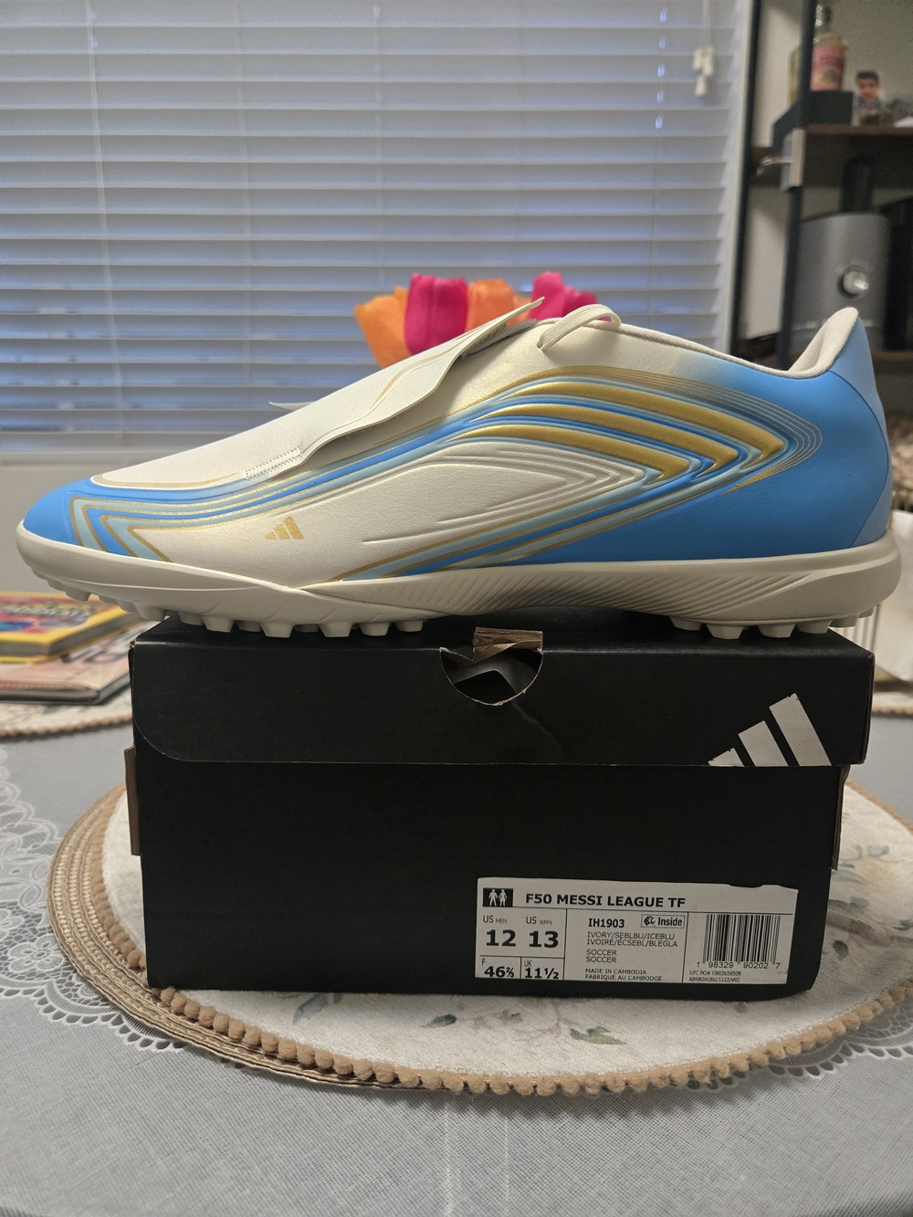 adidas Kids F50 Messi Turf Shoes - White, Blue, Gold